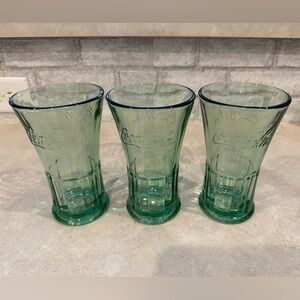 Authentic set of three green Coke glasses